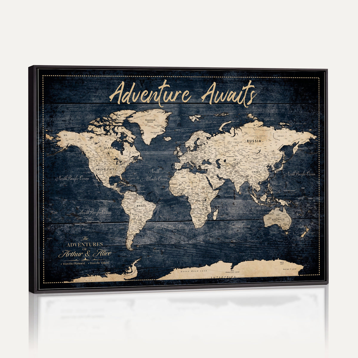 68817382-MGV-CV-36X24 - Extra Large Vintage Personalized Push Pin World Map Wall Art Canvas Print