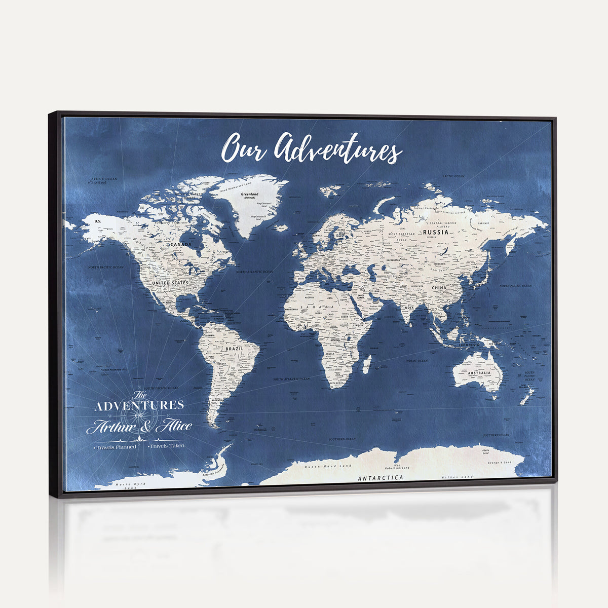 75405527-MGV-CV-36X24 - Extra Large Framed Personalize Push Pin World Map Wall Art Canvas Print for Travel Tracking