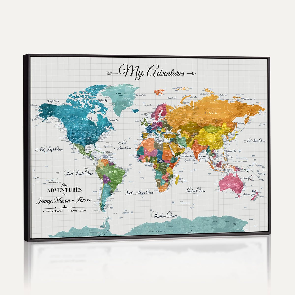 66743043-MGV-CV-36X24 - Extra Large Framed Personalize Push Pin World Map Wall Art Canvas Print for Travel Tracking