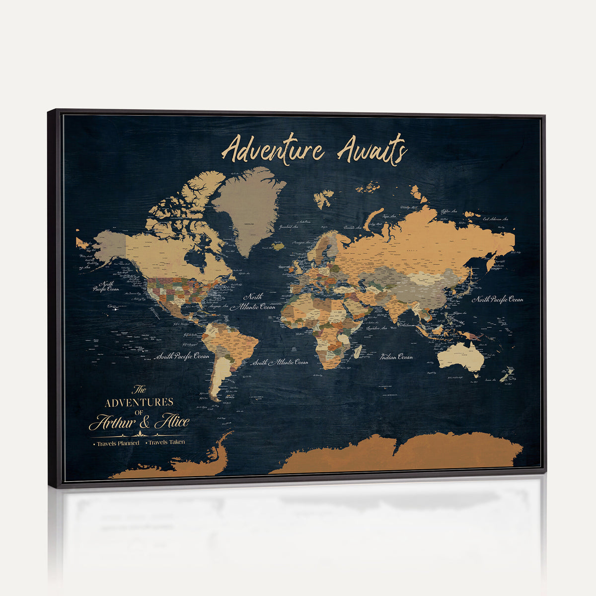 13350960-MGV-CV-36X24 - Extra Large Framed Personalize Push Pin World Map Wall Art Canvas Print for Travel Tracking