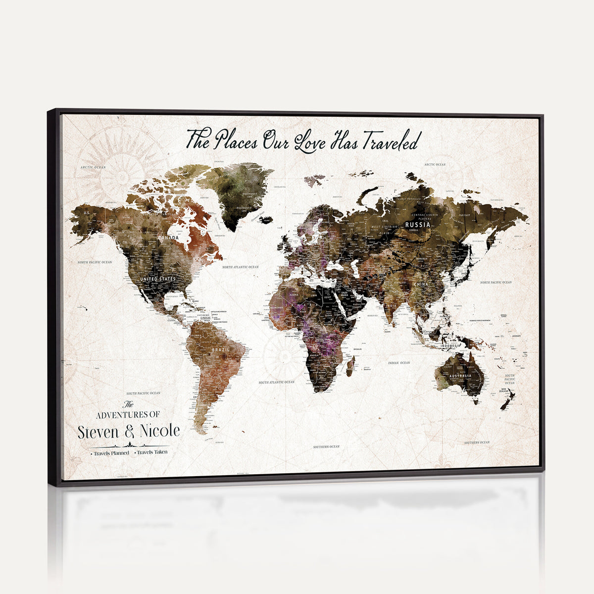 18074626D3D-MGV-CV-36X24 - Extra Large Framed Personalize Push Pin World Map Wall Art Canvas Print for Travel Tracking NEWMAP - 015