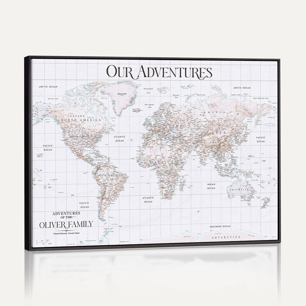 18074626D3DD-MGV-CV-36X24 - Extra Large Framed Personalize Push Pin World Map Wall Art Canvas Print for Travel Tracking NEWMAP - 015