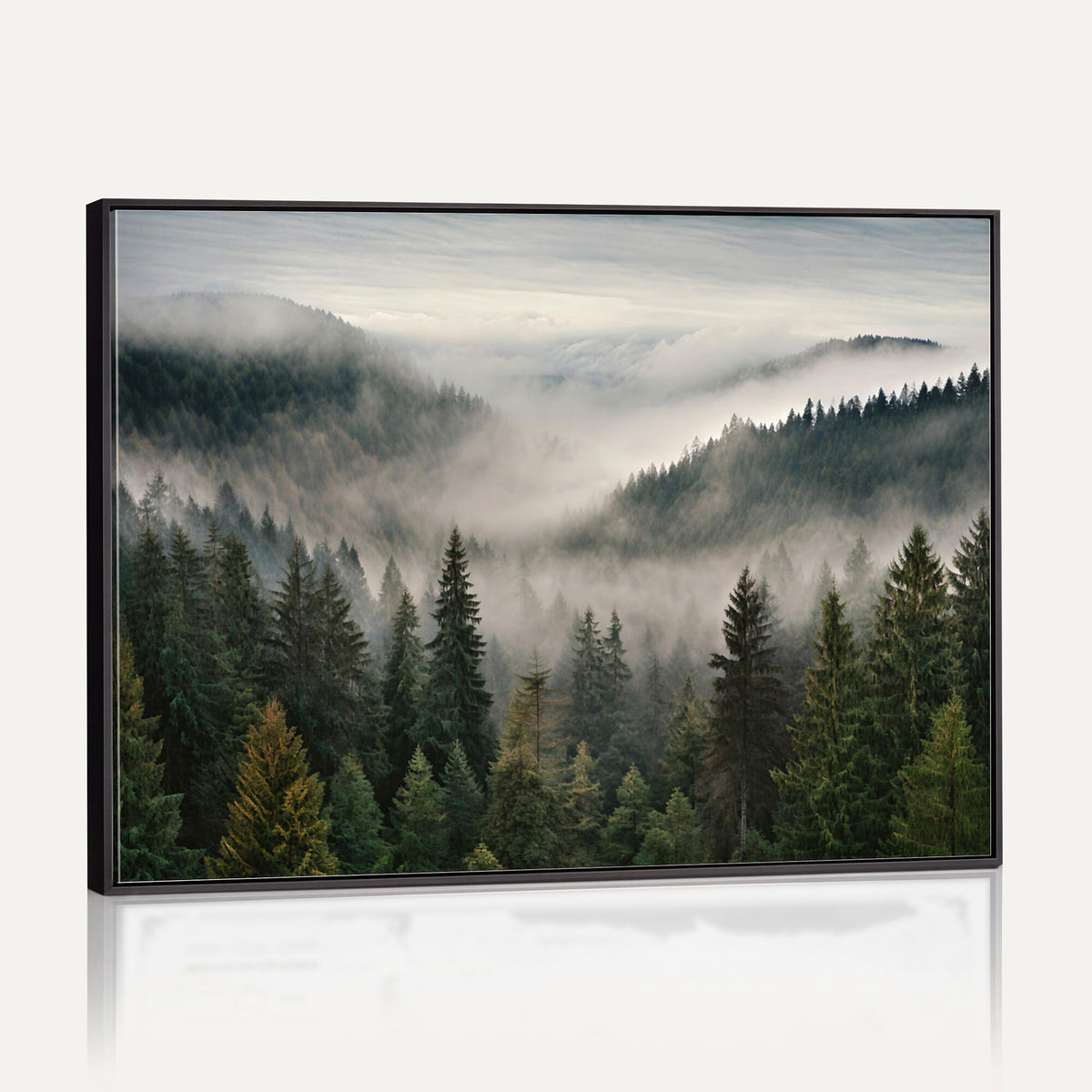 38409495-_Poster-30x20 - Misty Pine Valley Mountain Canvas Print 3 Piece Framed Wall Art Extra Large Floating Frame Nature Poster Made in USA