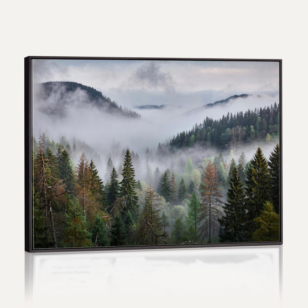 18735847-_Poster-30x20 - Foggy Pine Forest Mountain Canvas Print 3 Piece Framed Wall Art Extra Large Floating Frame Nature Poster Made in USA