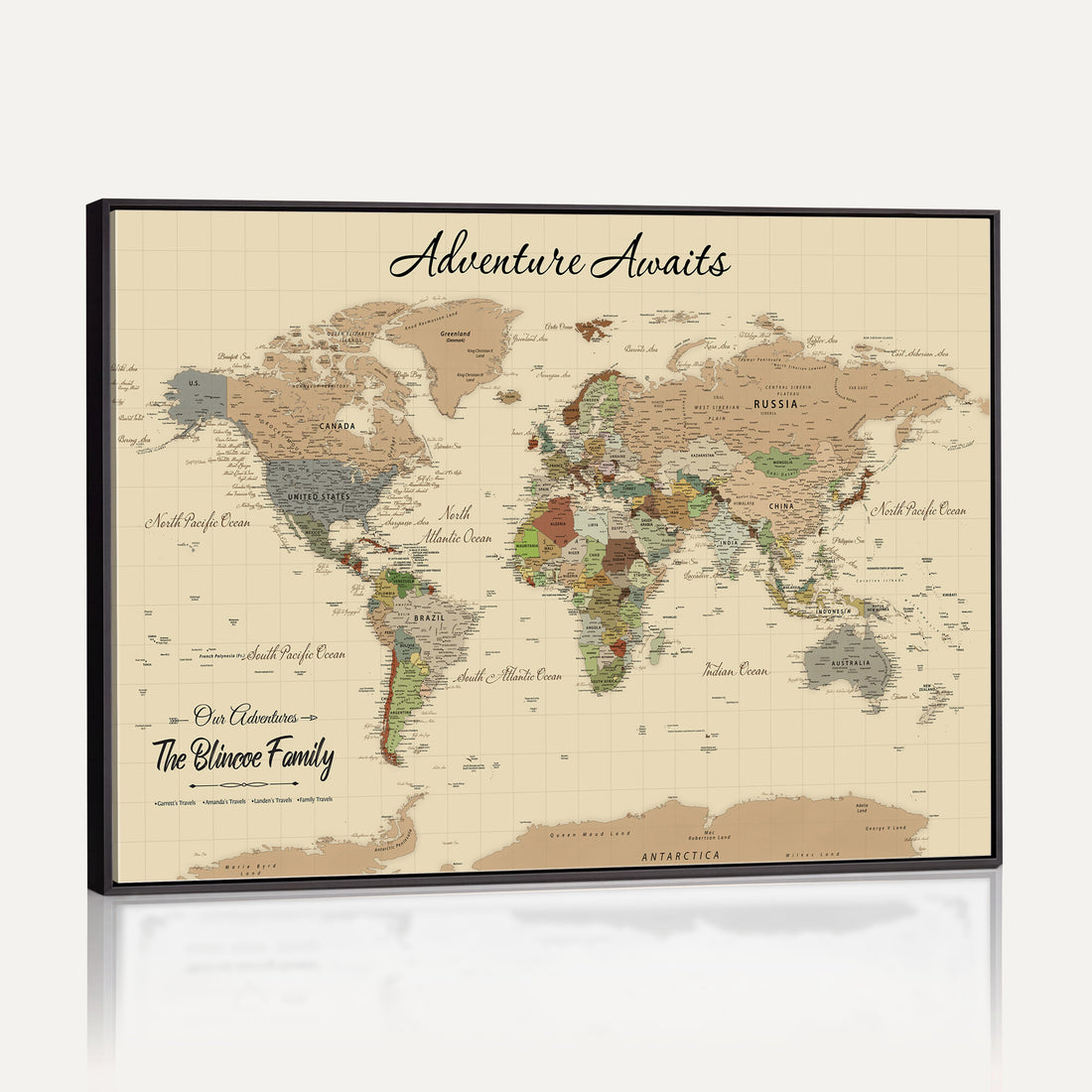 Detailed Personalized Beige Modern World Travel Map Wall Art with Pins, Next Trip Planner Map, Bedroom and Entryway Decor
