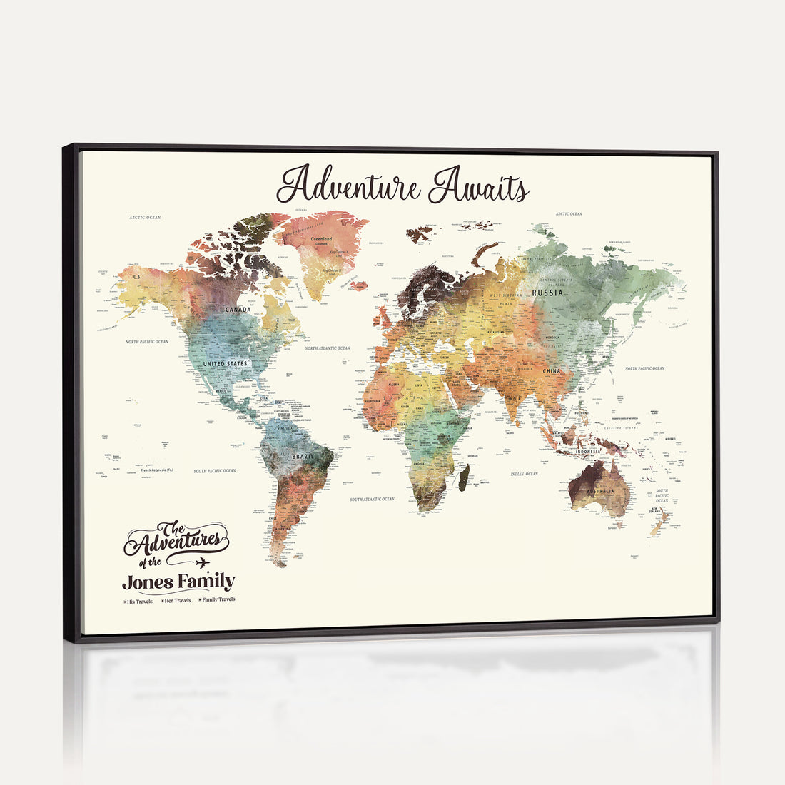 Personalized Framed Beige Modern Push Pin Travel Map Canvas Print, Family Travel Tracker, Bedroom and Home Office Decor