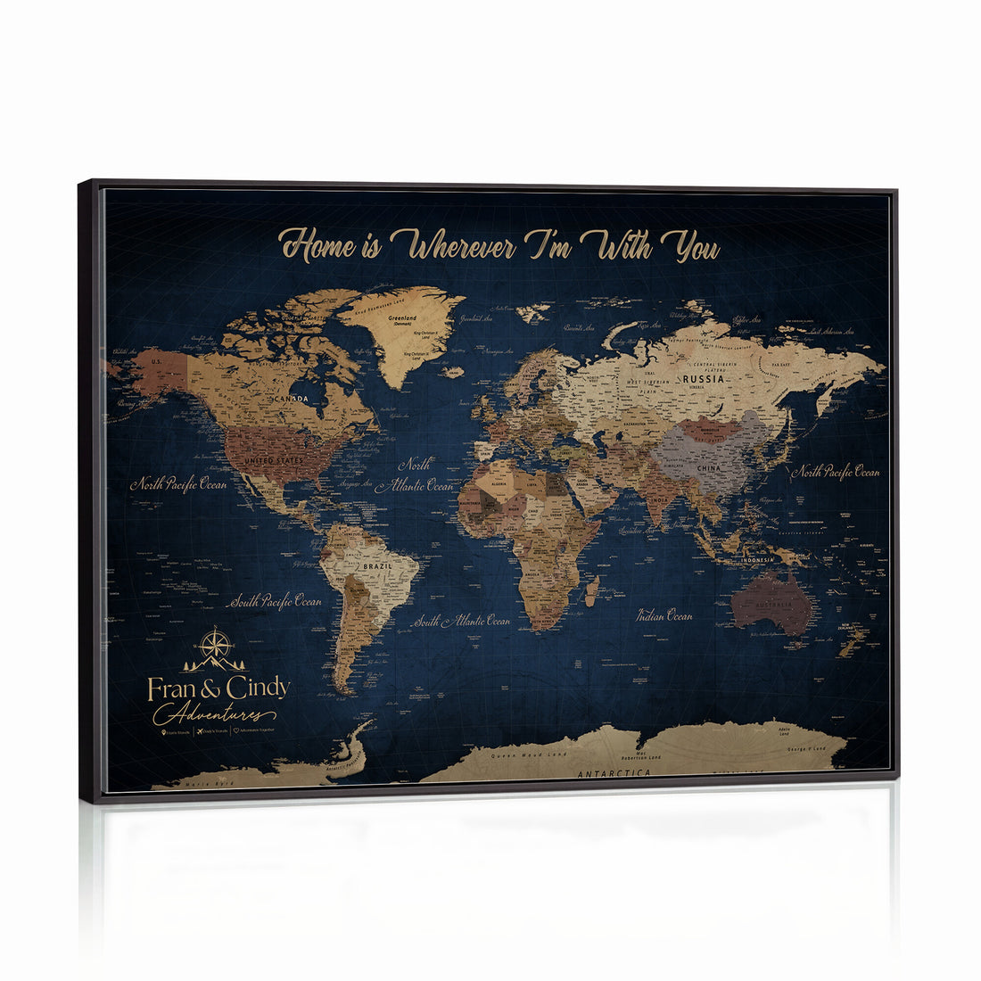 Custom Framed Deep Blue Geometric Push Pin World Map Wall Art, Next Trip Planner Map, Family Room and Hallway Decor