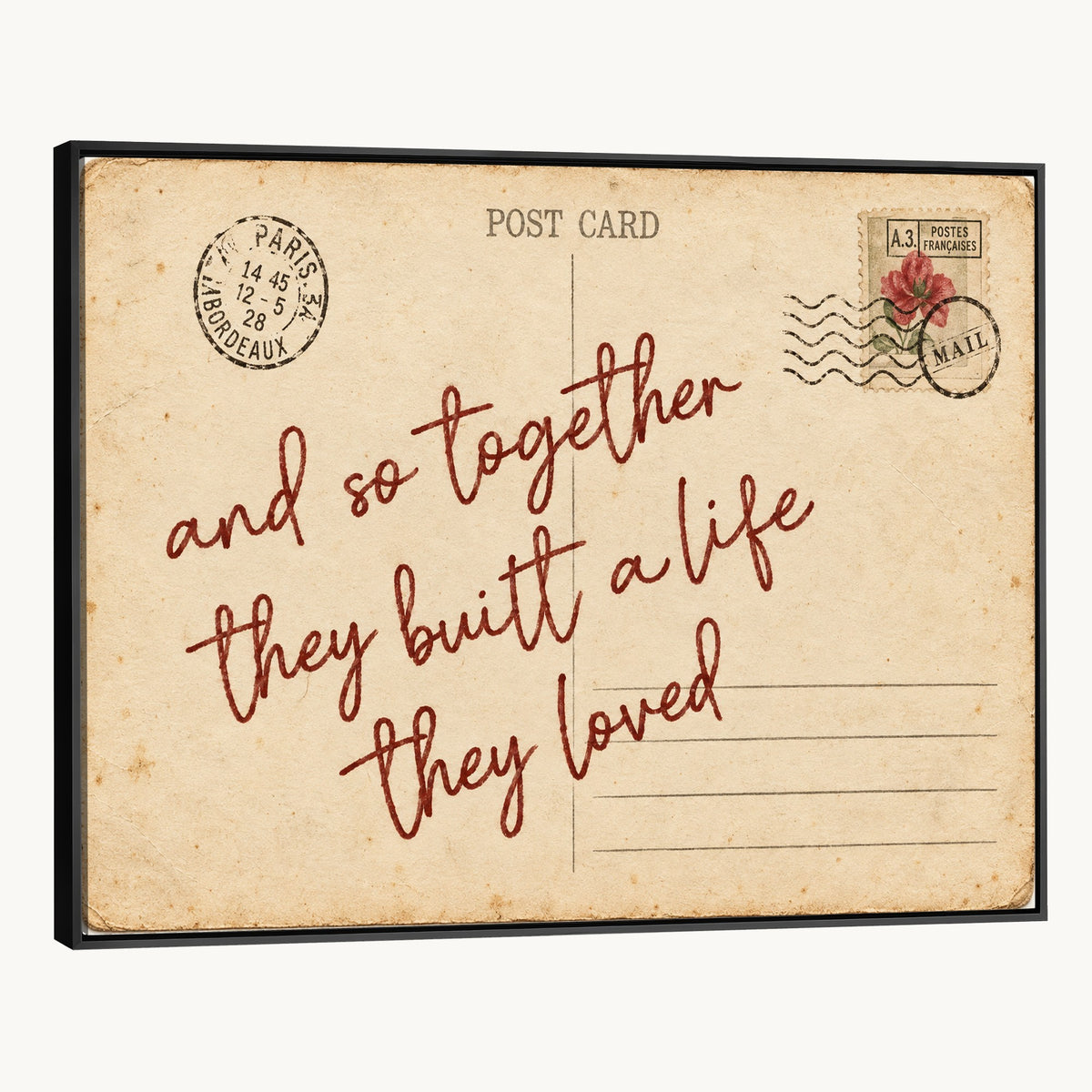 Personalized vintage postcard canvas with custom love note, as an anniversary gift
