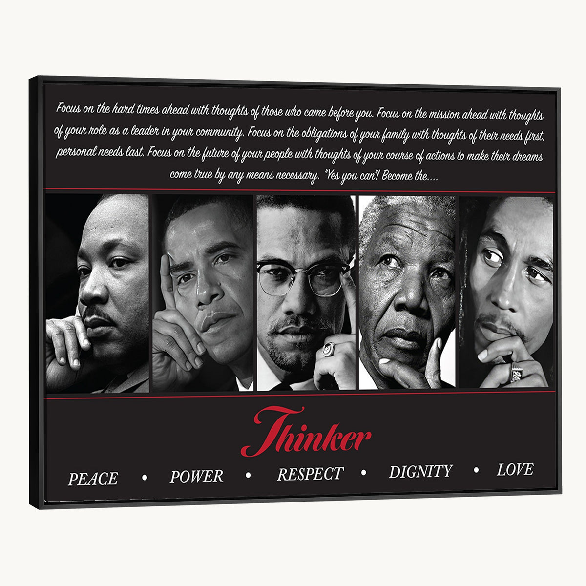 45112-MGV-CV-24X16 - Thinker Quintet Canvas Wall Art | Martin, Obama, Malcolm X, Mandela, Marley, Peace Power Respect Dignity Love