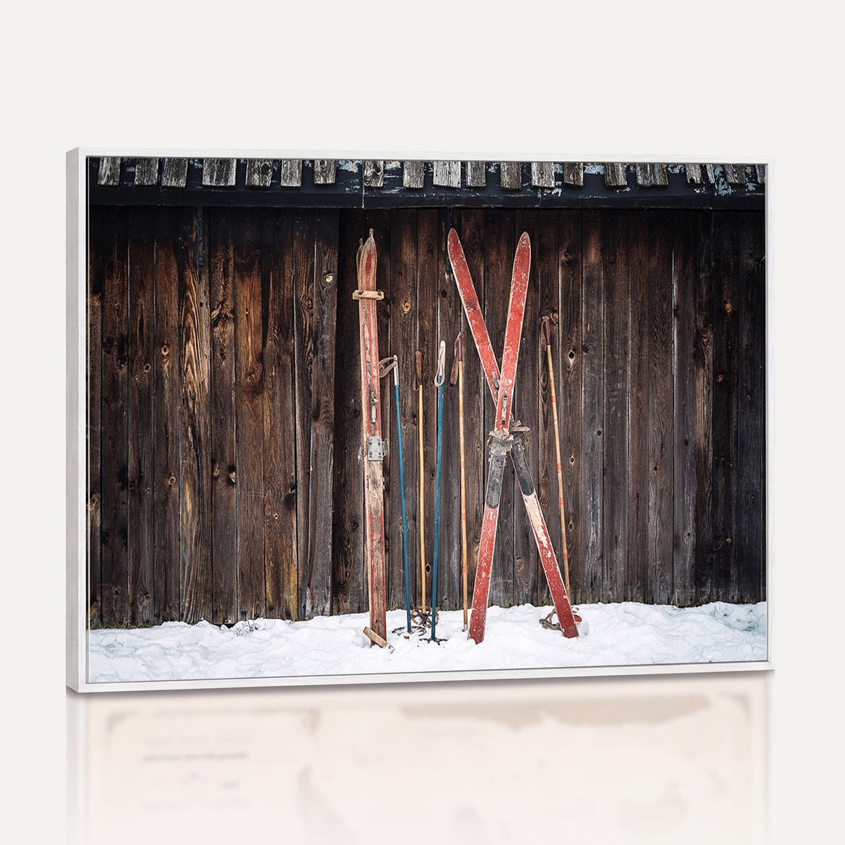 78590-MGV-CV-36X24 - Vintage Ski Gear Canvas Print, Vintage Ski Gear Against Wooden Cabin Wall