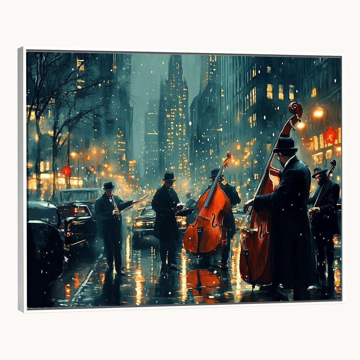 53391-MGV-CV-24X16 - Urban Night Jazz Wall Art Canvas Print | Moody Rain Soaked City Street Band Scene