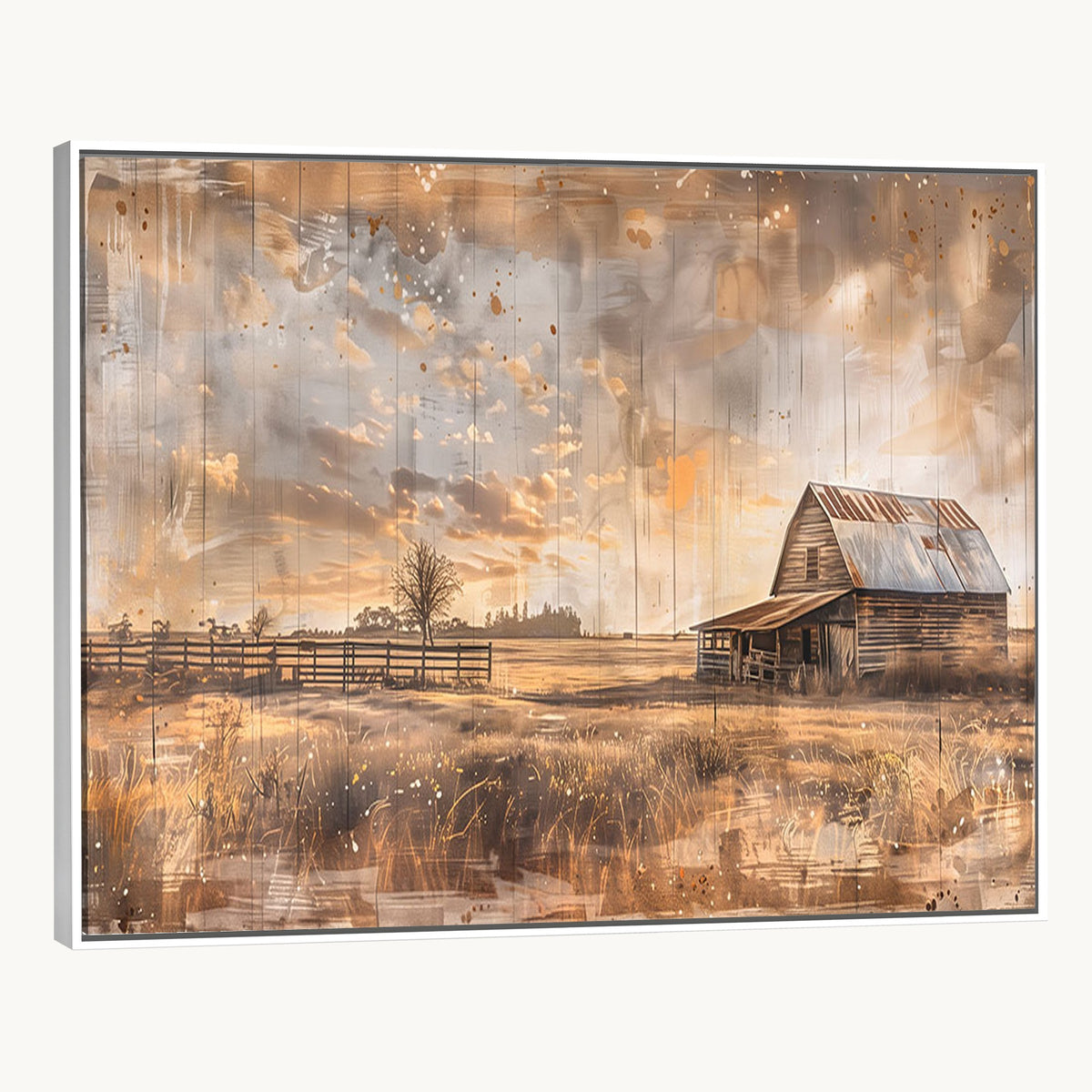 FARM2-MGV-CV-24X16 - Rustic Farmhouse Wall Art Canvas Print | Barn and Field Vintage Country Landscape
