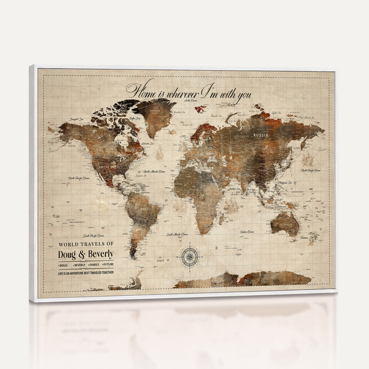 94399474-MGV-CV-36X24 - Large Custom Framed Beige Vintage World Travel Map Wall Art with Pins, Couples Countries Visited Map, Living Room and Hallway Decor