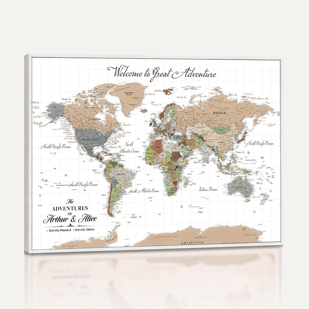 85396539-MGV-CV-36X24 - Custom Beige Push Pin World Map Wall Art, Bucket List Map, Study and Hallway Decor