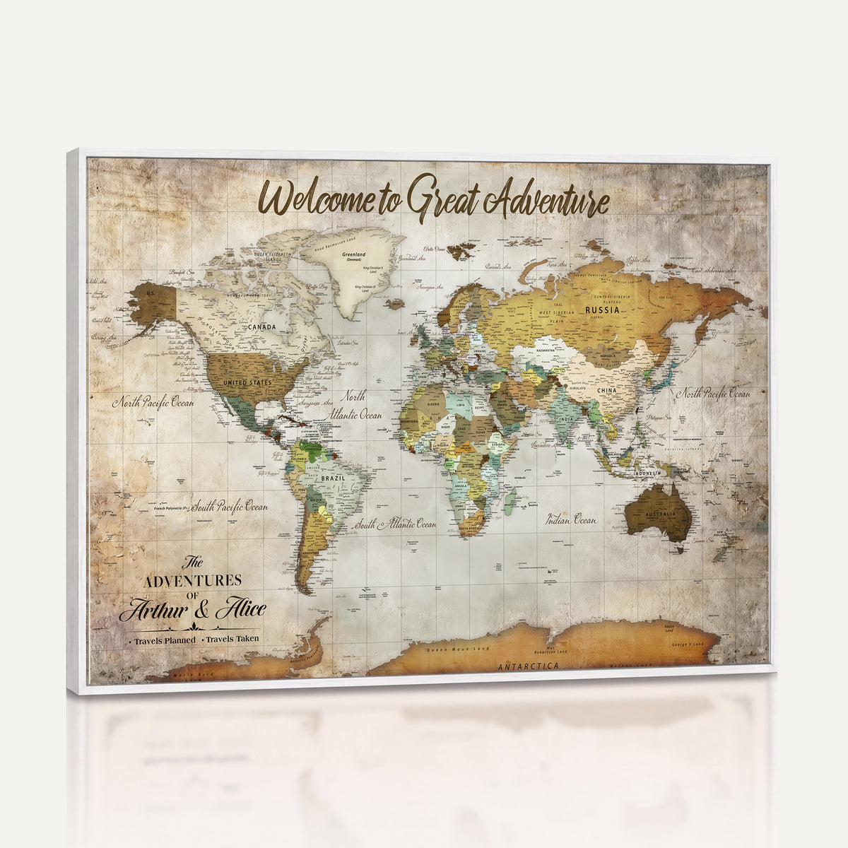33043195-MGV-CV-36X24 - Personalized Beige World Travel Map Wall Art with Pins, Family Travel Tracker, Family Room and Study Decor