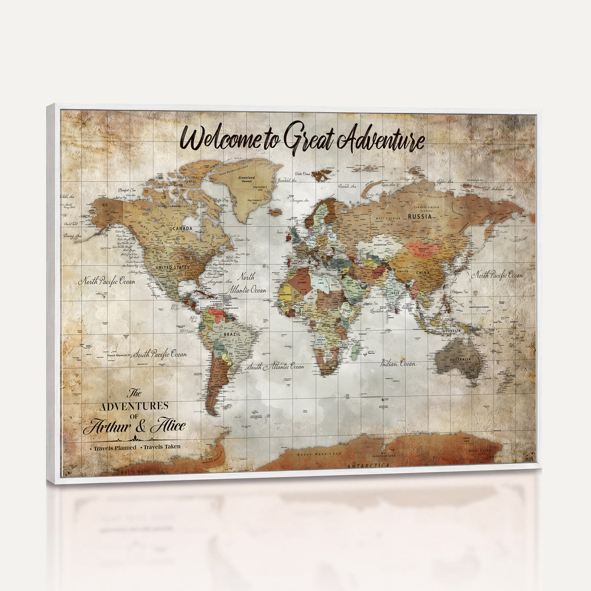 22906161-MGV-CV-36X24 - Personalized Beige Push Pin World Map Wall Art, Bucket List Map, Living Room and Family Room Decor