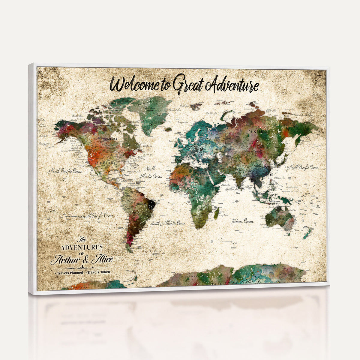 89225601-MGV-CV-36X24 - Personalized Beige Grunge World Map Canvas with Push Pins, Next Trip Planner Map, Family Room and Home Office Decor