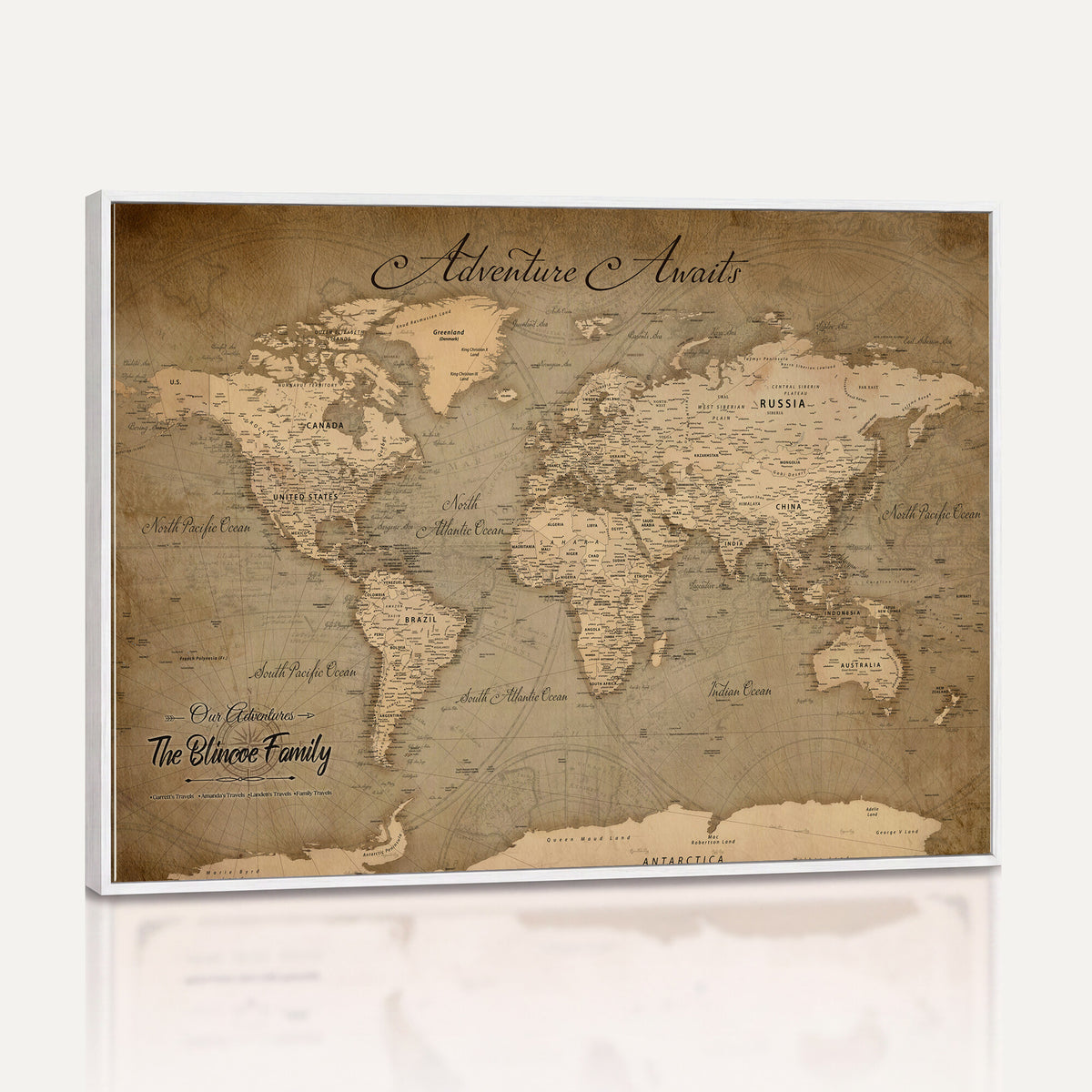 59418012-MGV-CV-36X24 - Personalized Framed Beige World Travel Map Wall Art with Pins, Family Travel Tracker, Family Room and Entryway Decor
