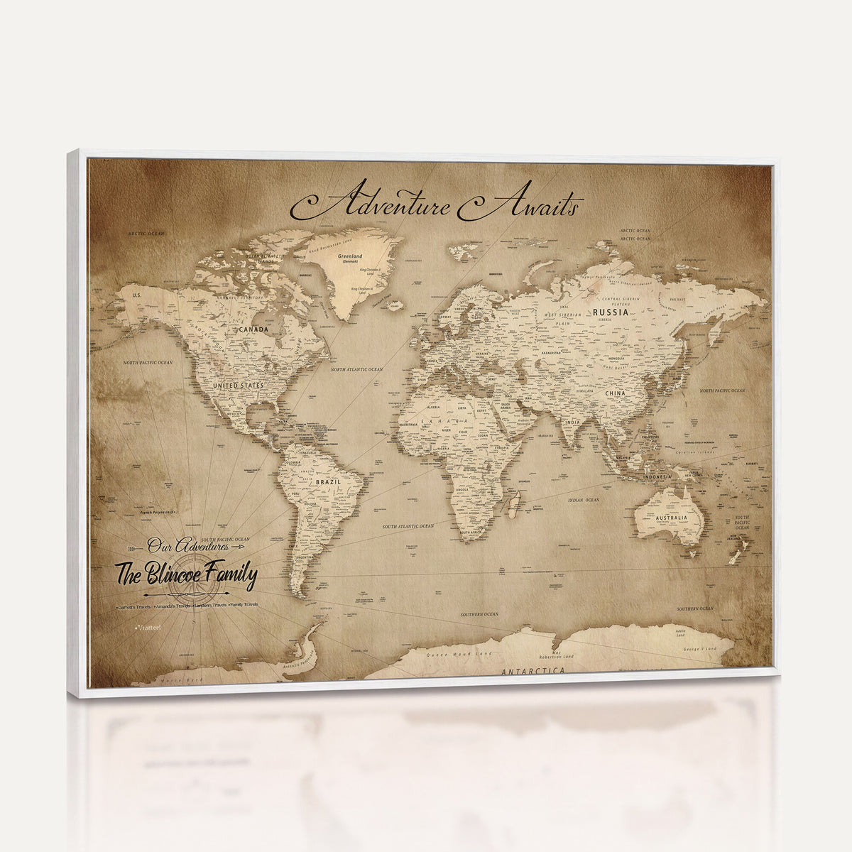 59757370-MGV-CV-36X24 - Personalized Black Modern Push Pin World Map Wall Art, Places Visited Tracker, Family Room and Bedroom Decor