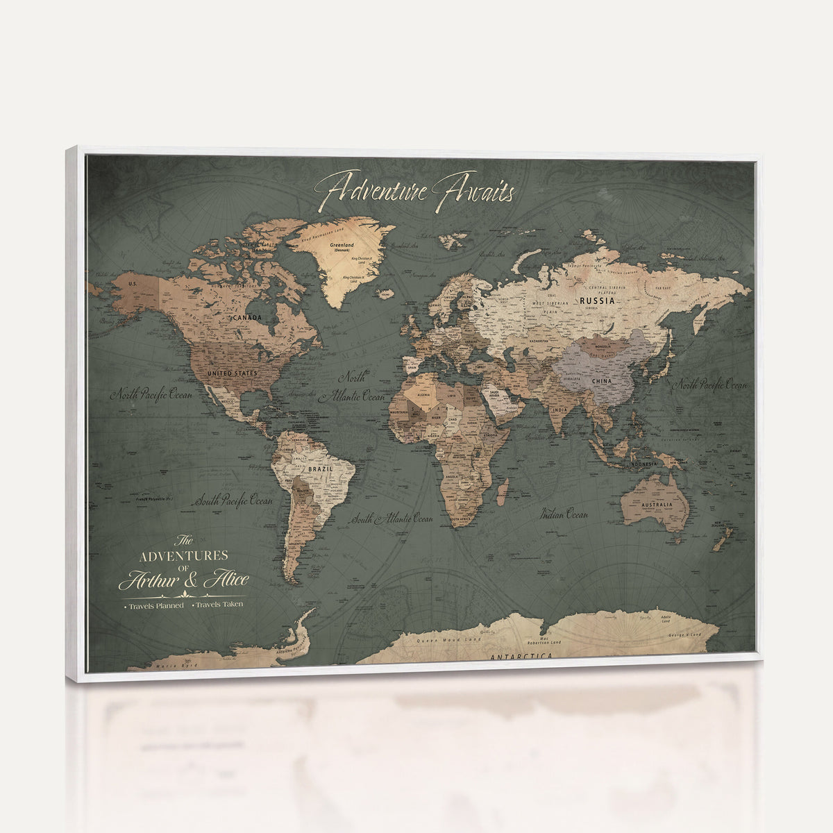 24734446-MGV-CV-36X24 - Personalized Framed Beige Modern World Map Canvas with Push Pins, Bucket List Map, Family Room and Dining Room Decor