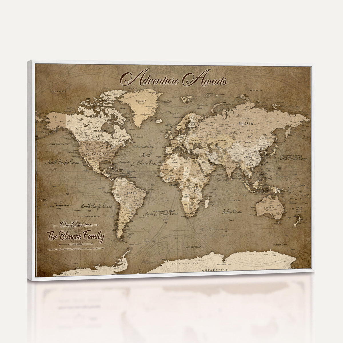 96775856-MGV-CV-36X24 - Custom Beige Modern Push Pin World Map Canvas Print, Family Travel Tracker, Dining Room and Home Office Decor