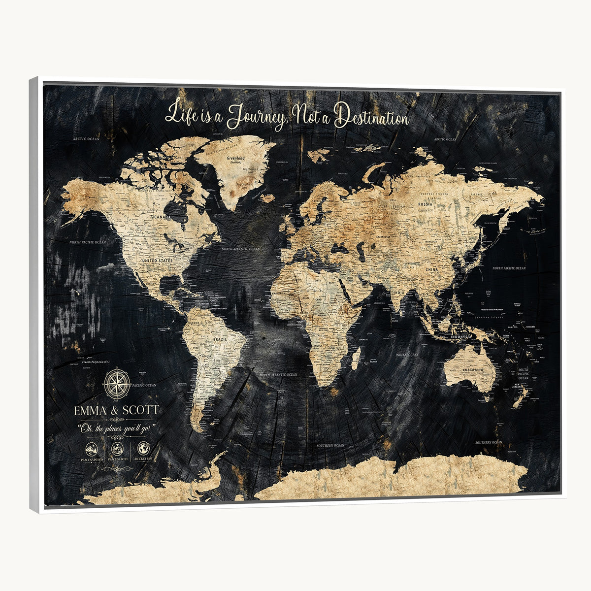 77472096-MGV-CV-36X24 - Custom Black Modern Push Pin World Map Wall Art, Next Trip Planner Map, Home Office and Entryway Decor