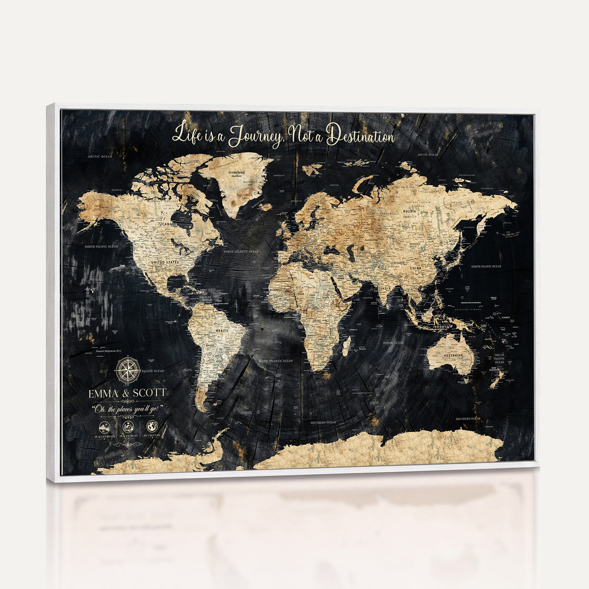 NEWMAP-13-MGV-CV-36X24 - Personalized Framed Navy Modern Push Pin World Map Canvas Print, Couples Countries Visited Map, Family Room and Study Decor