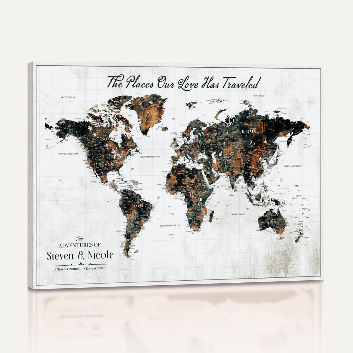 29090064-MGV-CV-36X24 - Personalized Beige Push Pin World Map Canvas Print, Honeymoon and Anniversary Gift, Living Room and Dining Room Decor