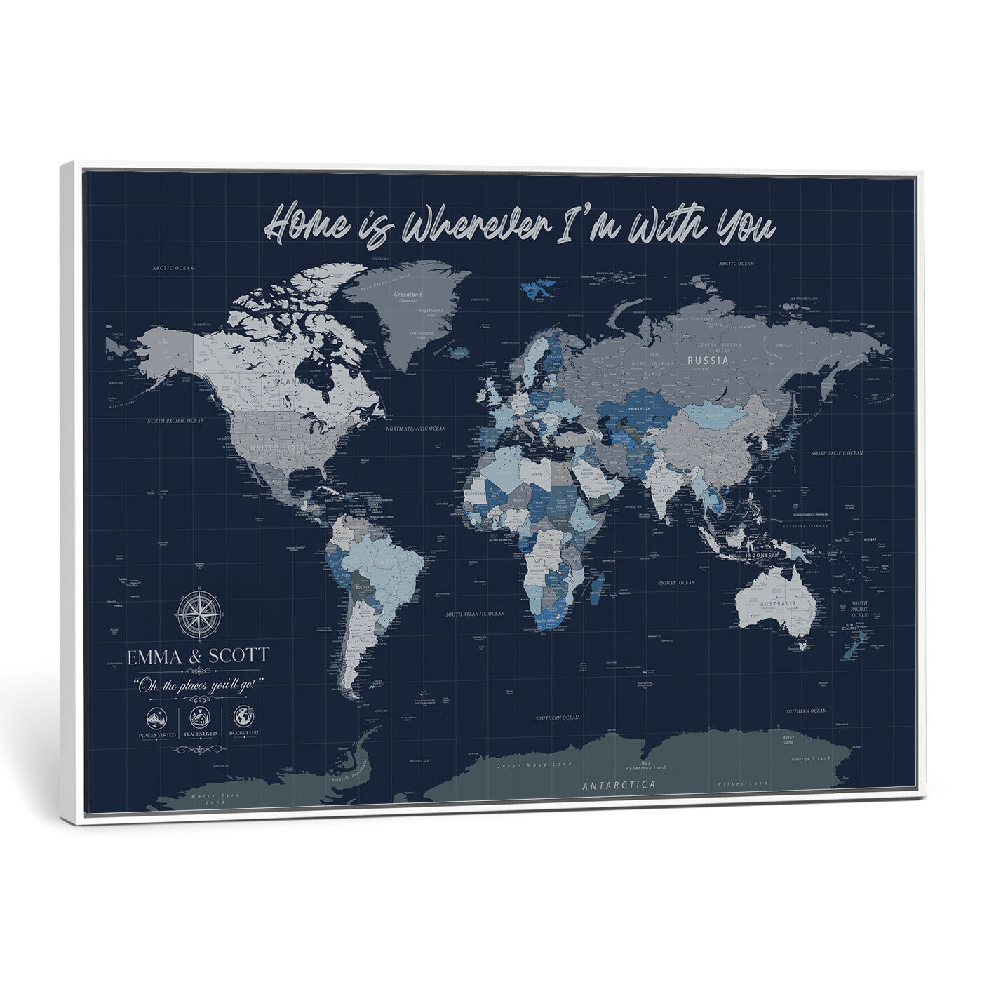 NEWMAP-18-MGV-CV-36X24 - Custom Push Pin World Map Wall Art Canvas Print – Personalized Travel Tracker with Pins Framed Large Print - NEWMAP-18
