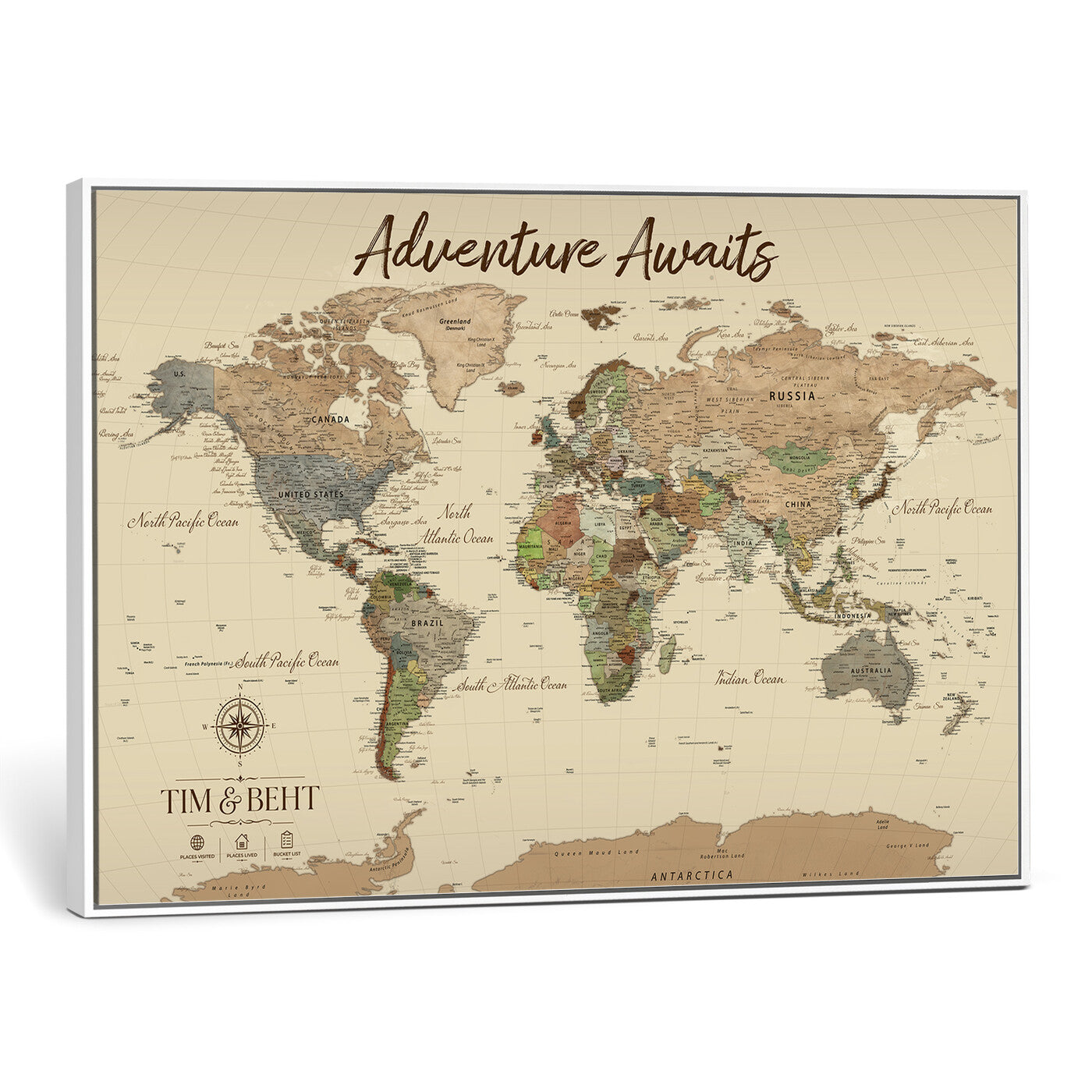 72027187-MGV-CV-36X24 - Custom Push Pin World Map Wall Art Canvas Print – Personalized Travel Tracker with Pins Framed Large for Home and Office Decor
