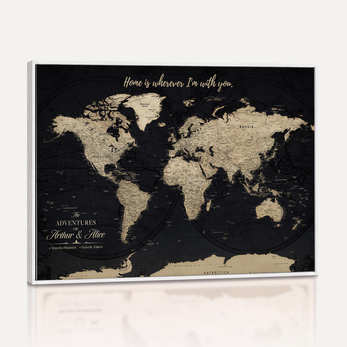 31416046-MGV-CV-36X24 - Custom Framed Beige Vintage Push Pin Travel Map Canvas Print, Honeymoon and Anniversary Gift, Study and Hallway Decor