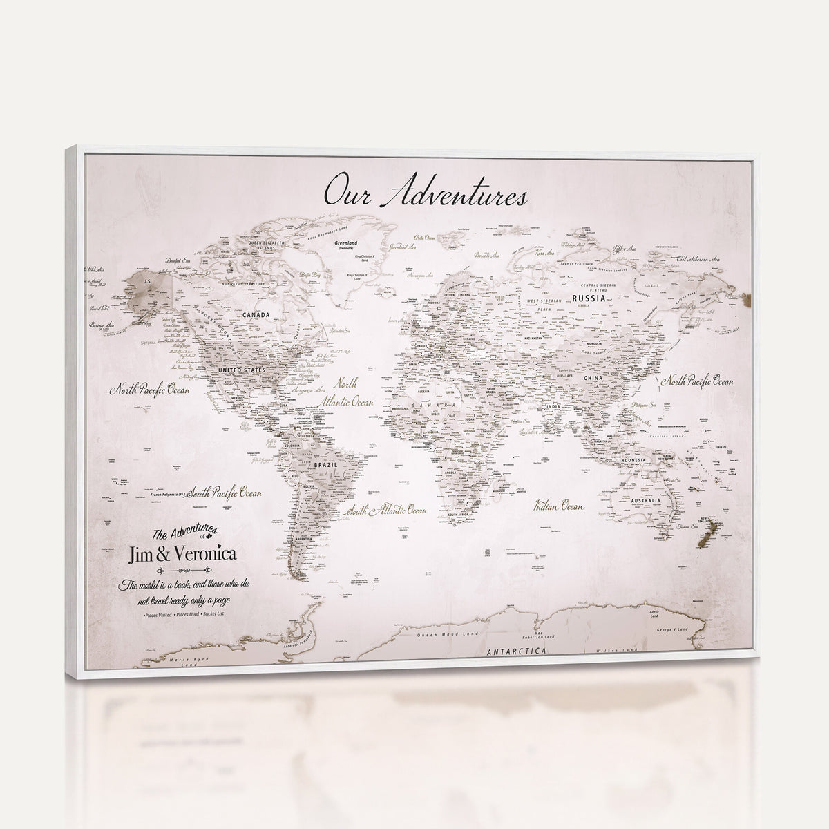 62392749-MGV-CV-36X24 - Personalized Beige Vintage World Travel Map Wall Art with Pins, Honeymoon and Anniversary Gift, Entryway and Hallway Decor