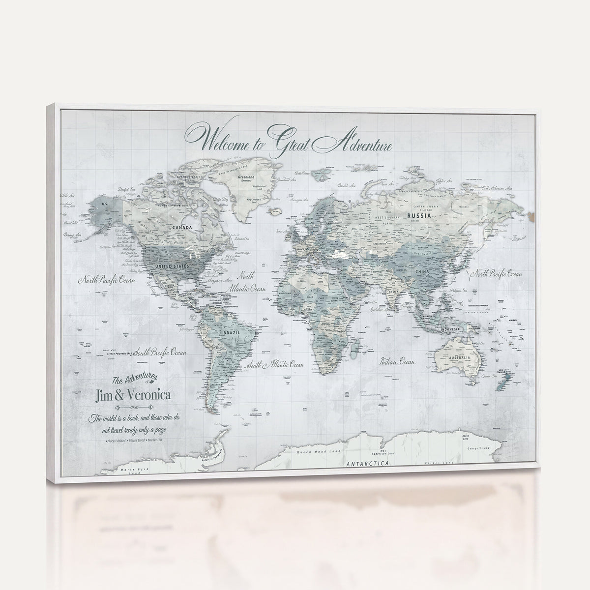 55391088-MGV-CV-36X24 - Personalized Beige Antique Push Pin World Map Canvas Print, Family Travel Tracker, Family Room and Entryway Decor