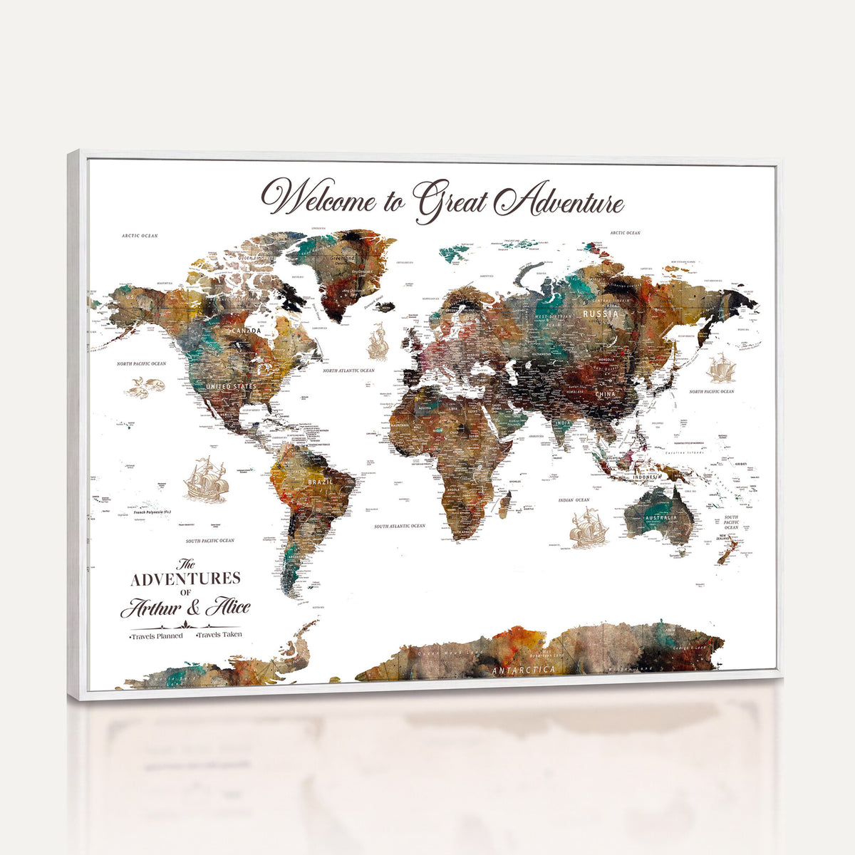 20271103-MGV-CV-36X24 - Custom Framed Beige Modern Push Pin World Map Wall Art, Couples Countries Visited Map, Study and Entryway Decor