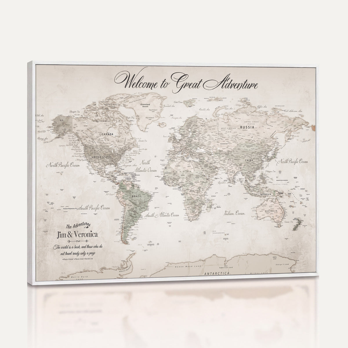 84311132-MGV-CV-36X24 - Personalized Beige World Map Canvas with Push Pins, Places Visited Tracker, Family Room and Entryway Decor