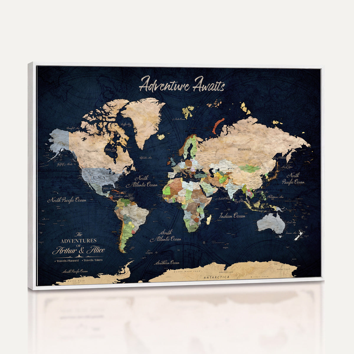 39120422-MGV-CV-36X24 - Personalized Beige Antique Push Pin Travel Map Canvas Print, Bucket List Map, Dining Room and Entryway Decor