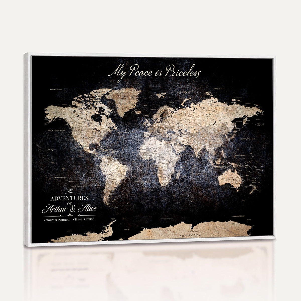 38689152-MGV-CV-36X24 - Personalized Beige World Map Canvas with Push Pins, Couples Countries Visited Map, Study and Hallway Decor