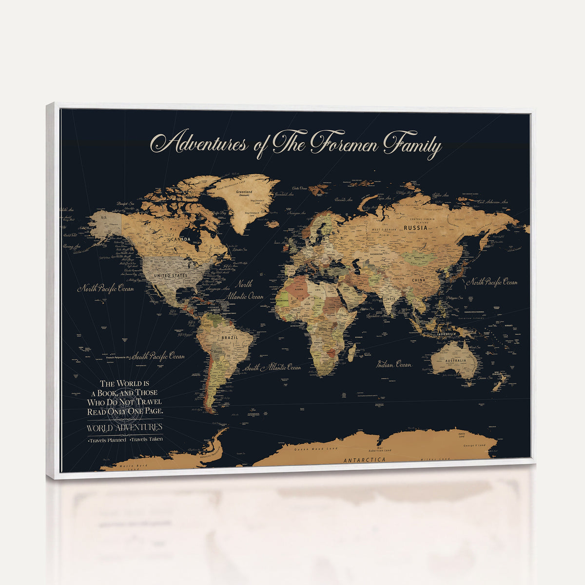 89403803-MGV-CV-36X24 - Personalized Beige Modern Family Adventure Push Pin World Map Canvas, Places Visited Tracker, Family Room and Home Office Decor