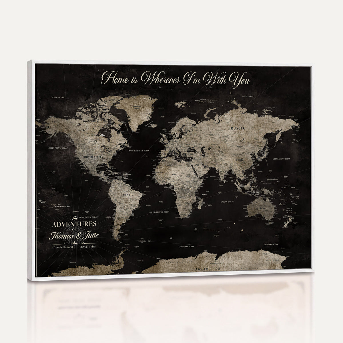 28461537-MGV-CV-36X24 - Personalized Framed Black Geometric World Map Canvas with Push Pins, Bucket List Map, Living Room and Dining Room Decor