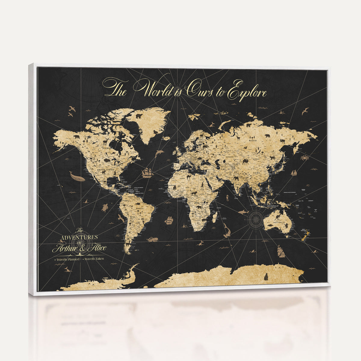 54097664-MGV-CV-36X24 - Custom Push Pin World Map Canvas Print, Couples Countries Visited Map, Living Room and Home Office Decor