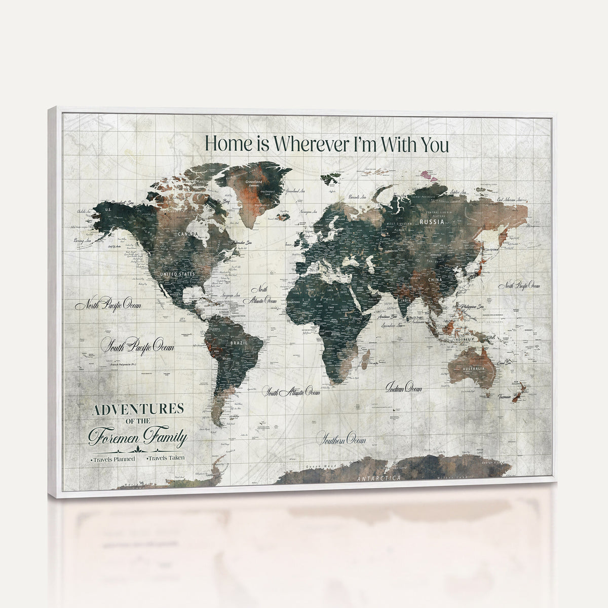 98050124-MGV-CV-36X24 - Personalized Beige Modern Push Pin Travel Map Canvas Print, Couples Countries Visited Map, Dining Room and Bedroom Decor