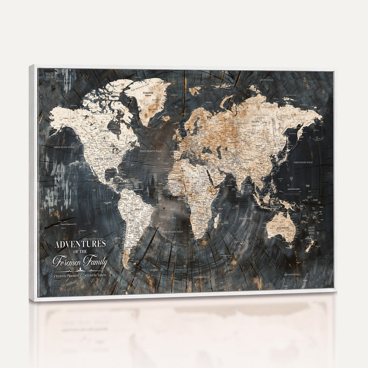 77865338-MGV-CV-36X24 - Personalized Framed Beige Push Pin World Map Canvas Print, Bucket List Map, Living Room and Hallway Decor