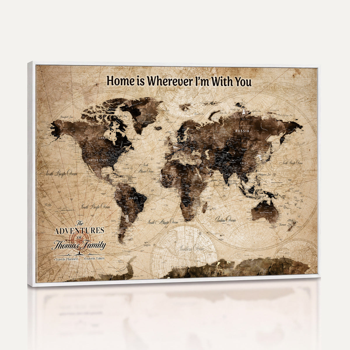 74771891-MGV-CV-36X24 - Personalized Framed Beige Modern World Travel Map Wall Art with Pins, Family Adventure Map, Living Room and Hallway Decor