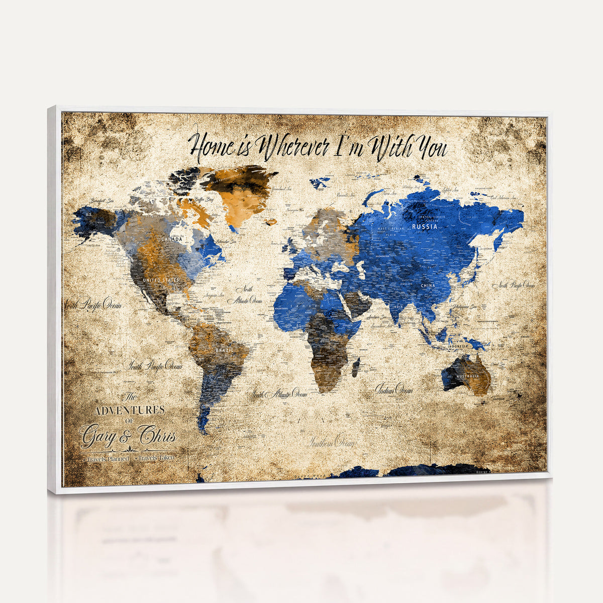 13332533-MGV-CV-36X24 - Personalized Framed Beige World Map Canvas with Push Pins, Honeymoon and Anniversary Gift, Living Room and Home Office Decor