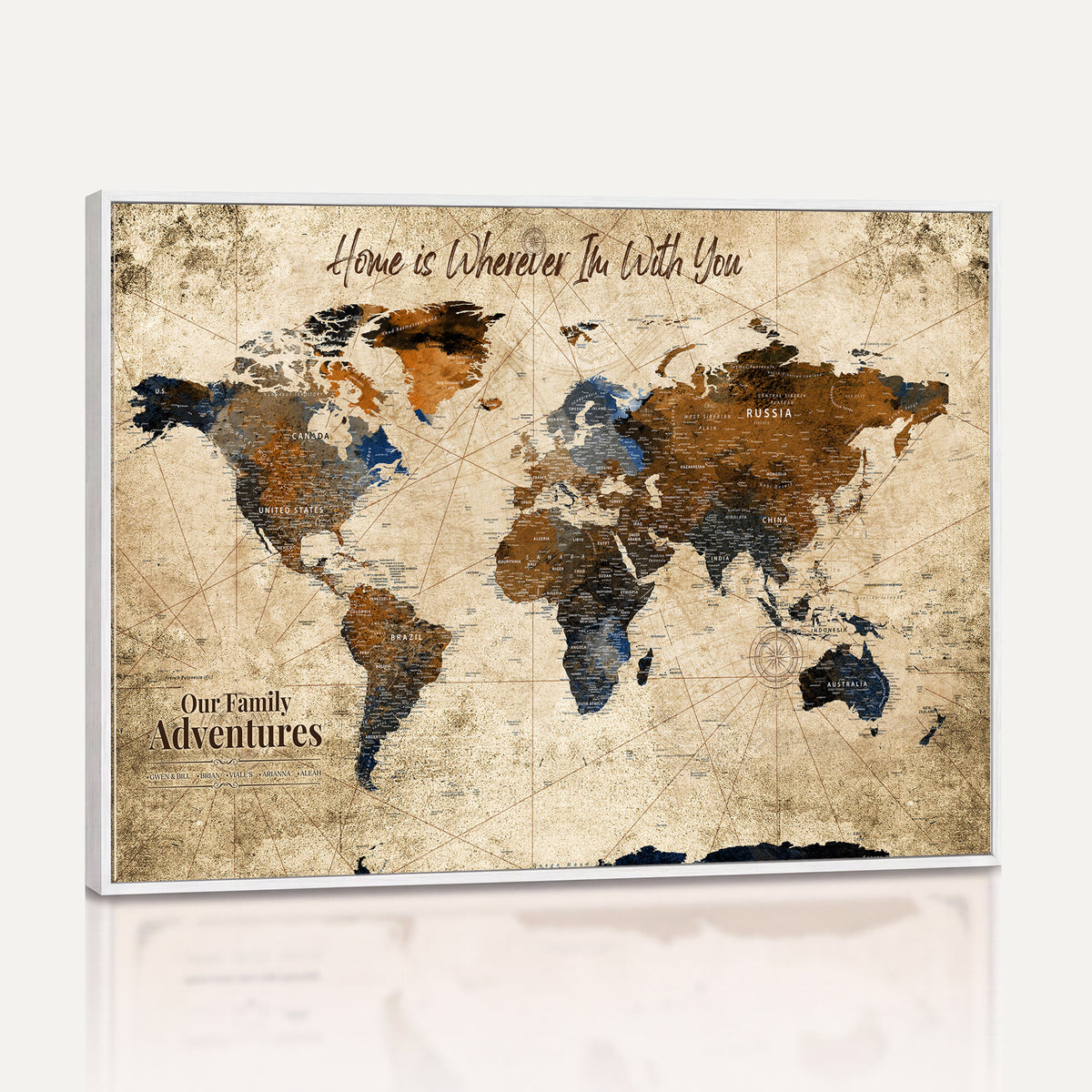 17548029-MGV-CV-36X24 - Personalized Framed Beige Modern Push Pin World Map Canvas Print, Bucket List Map, Home Office and Study Decor