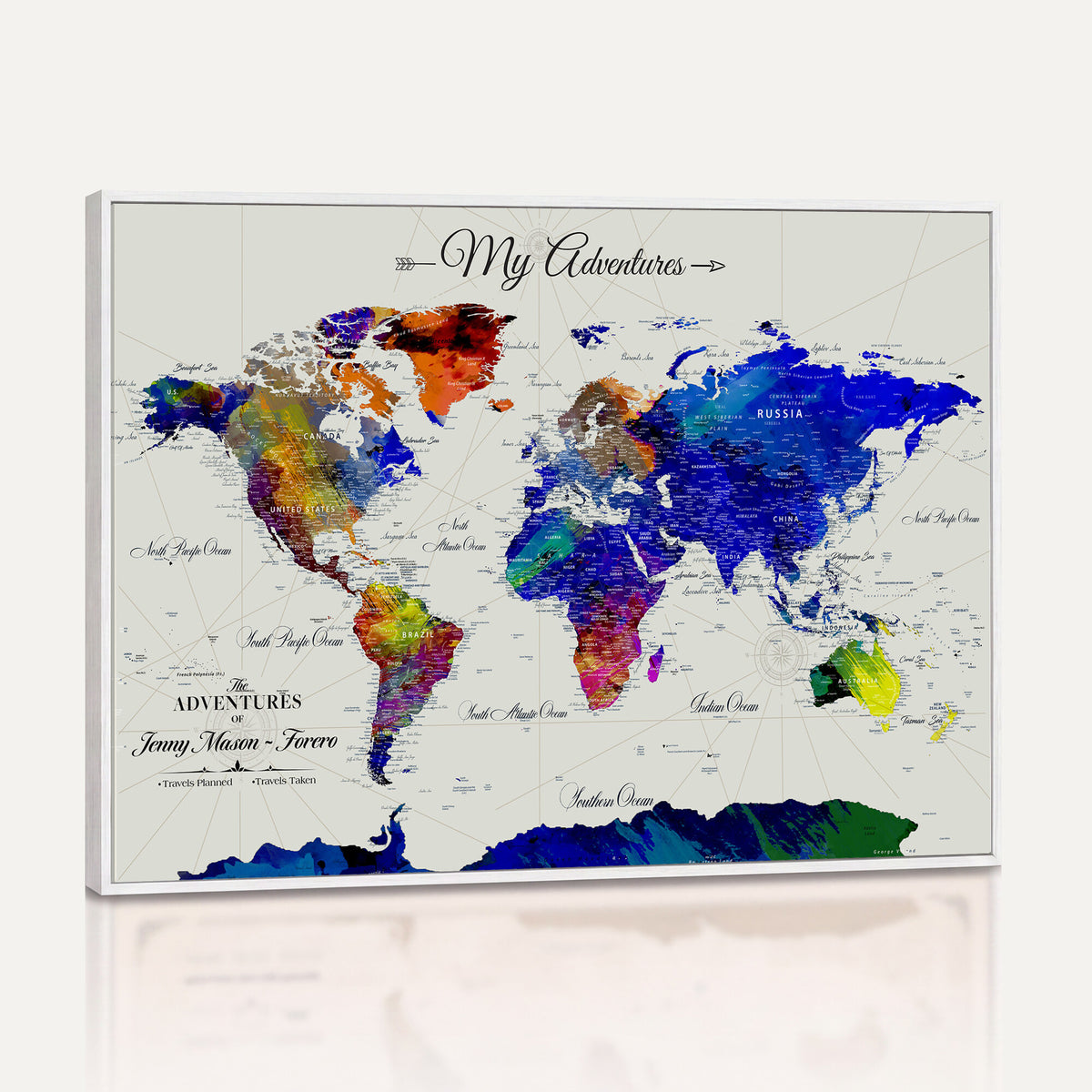 45423989-MGV-CV-36X24 - Detailed Custom Framed Beige Modern World Map Canvas with Push Pins, Honeymoon and Anniversary Gift, Dining Room and Home Office Decor