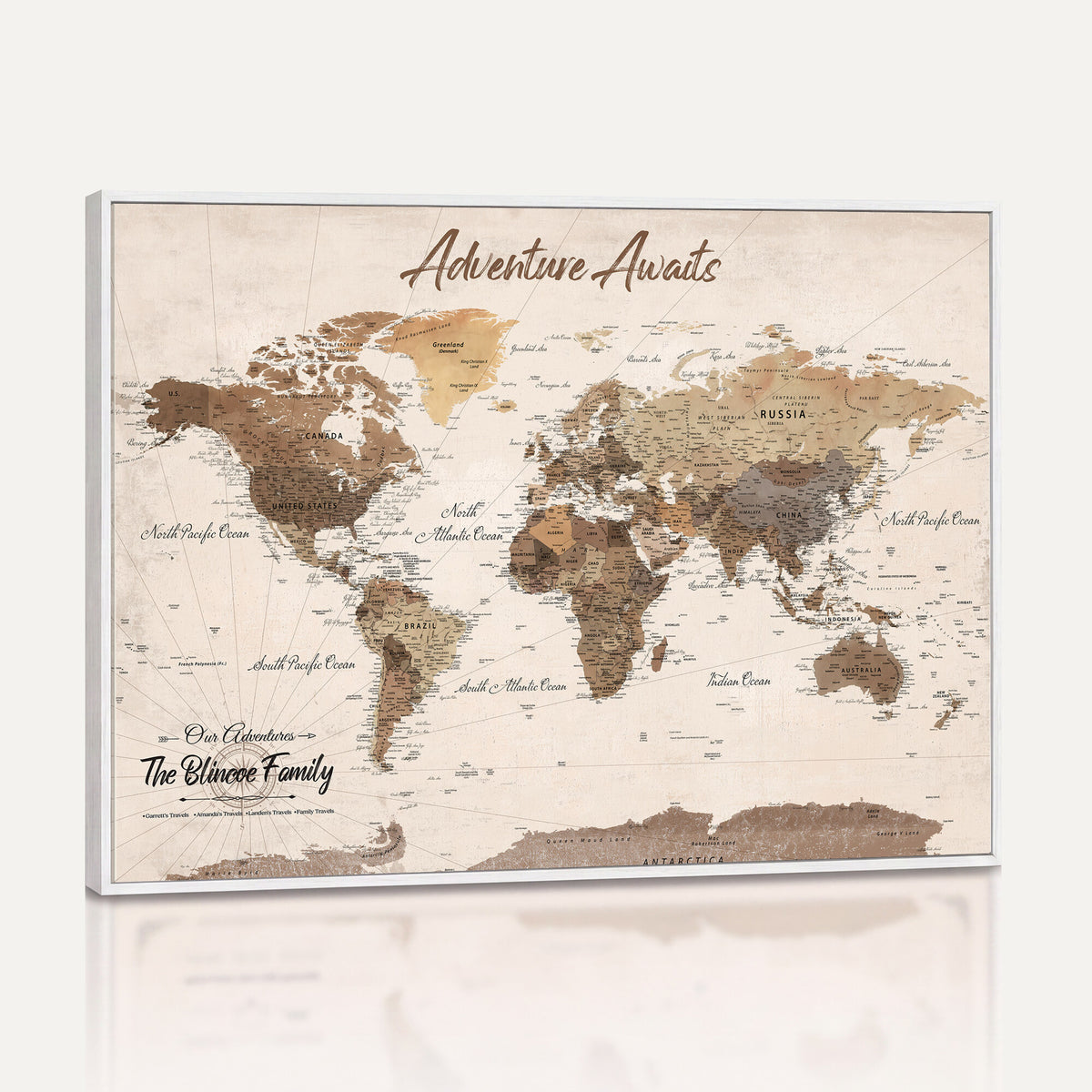 64110351-MGV-CV-36X24 - Personalized Framed White Modern Push Pin Travel Map Canvas Print, Bucket List Map, Dining Room and Study Decor