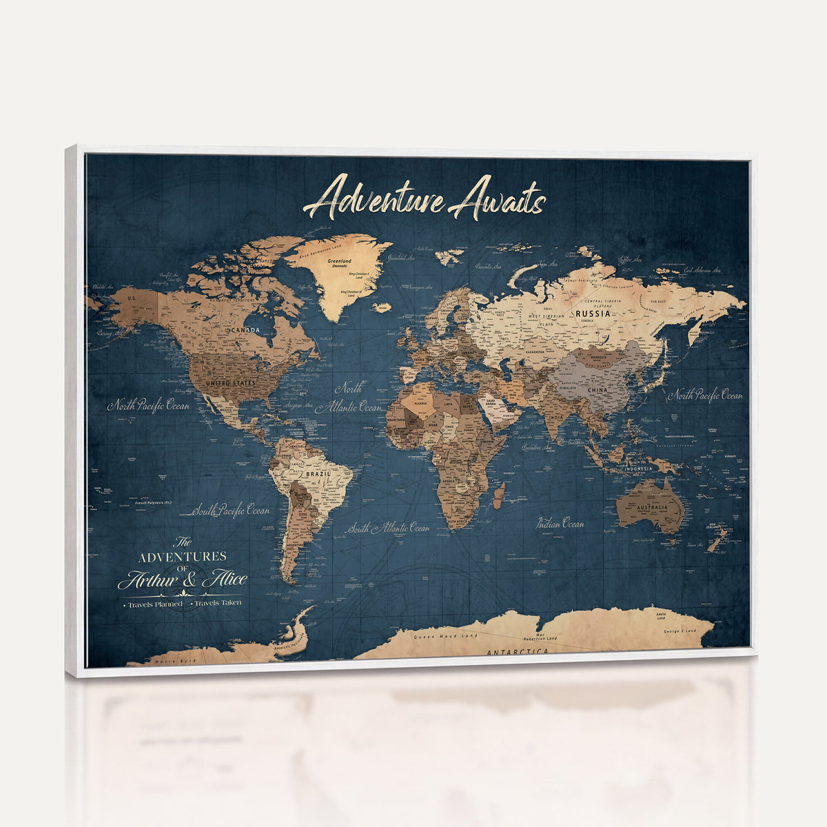 64110391-MGV-CV-36X24 - Personalized White Vintage World Travel Map Wall Art with Pins, Next Trip Planner Map, Family Room and Dining Room Decor