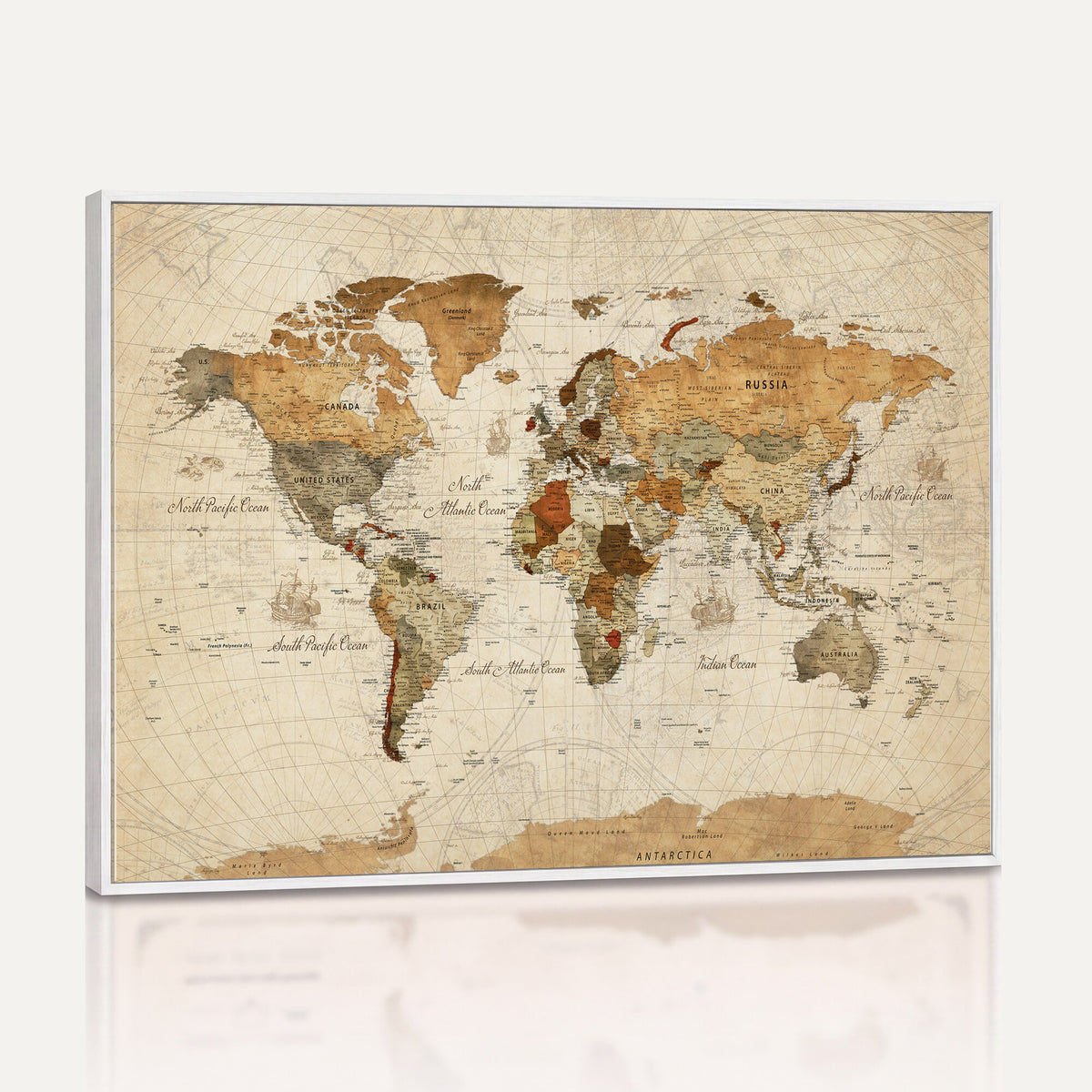 29684537-MGV-CV-36X24 - Vintage World Map Canvas Print, Framed Rustic Detailed Map of the World, Explorer Decor
