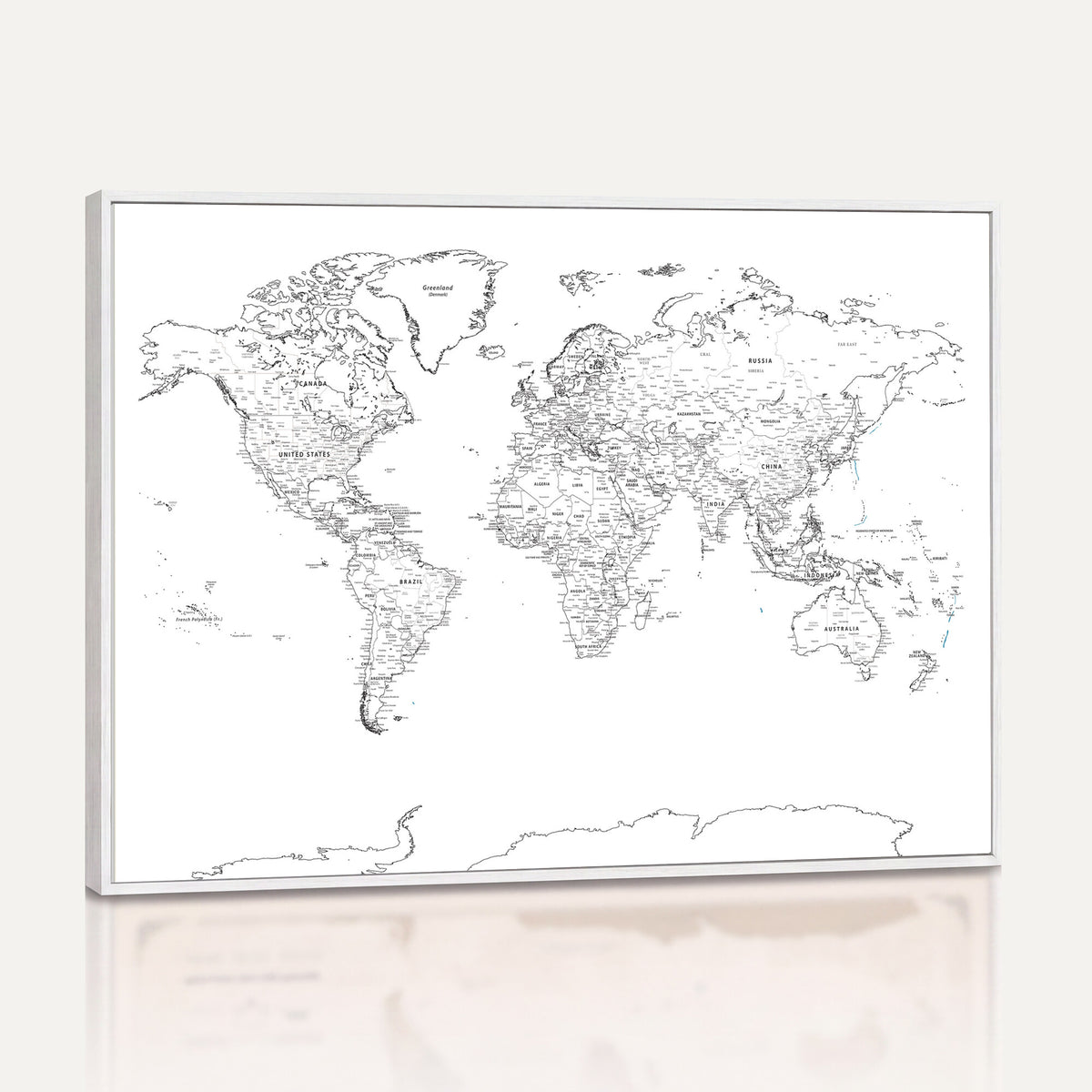 21002736-MGV-CV-36X24 - World Map Canvas Print, Framed Modern Detailed Map of the World for Home or Office